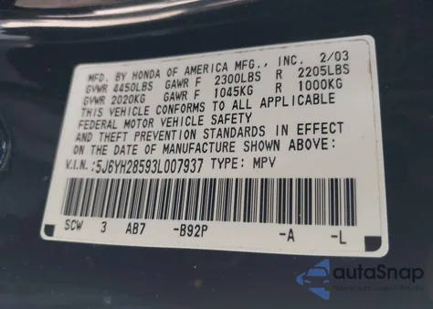 2003 Honda Element Ex from USA, damaged, VIN 5J6YH28593L007937